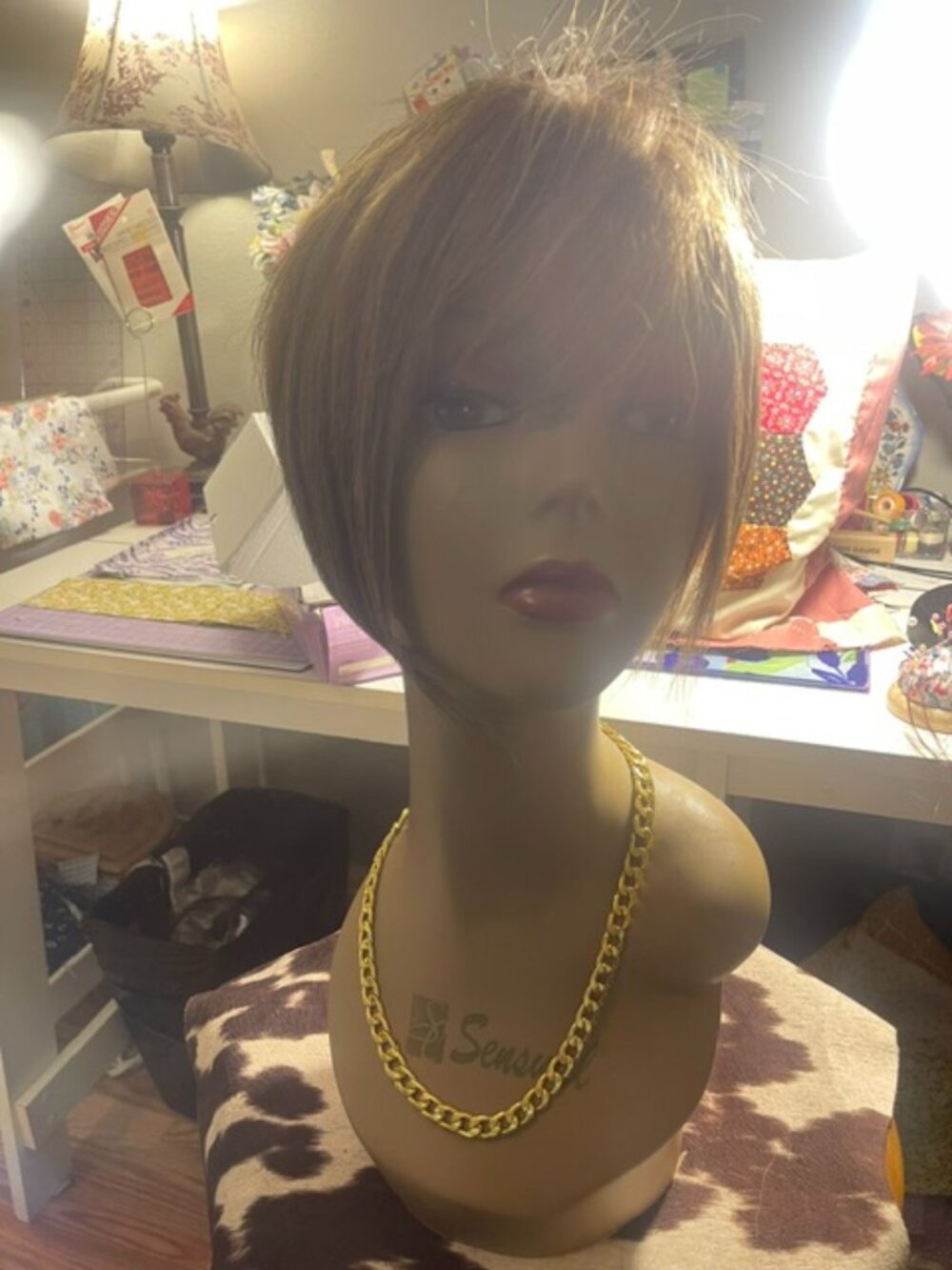 Short Brown/Blonde Human Hair/Synthetic Mix Asymmetrical Bob Wig by Mayde